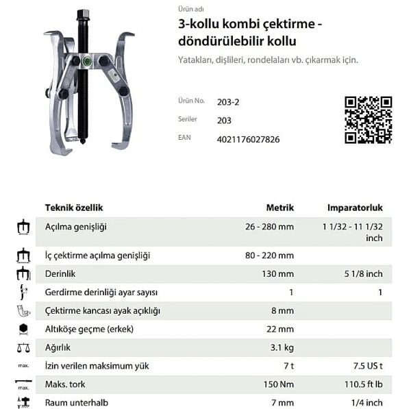 Kukko 203-2 Üç Kollu Kombine Çektirme 280-220 mm