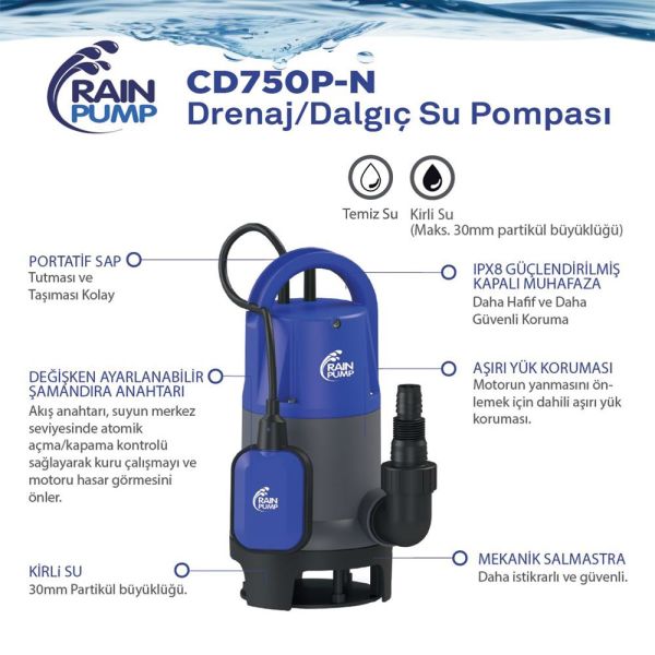 Rain Pump CD750P-N Plastik Gövde Temiz Su Derenaj Dalgıç Pompa 750W