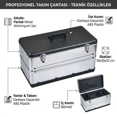 KNC Alüminyum Gövde Avadanlık Takım Çantası 59 x 29 x 32 cm