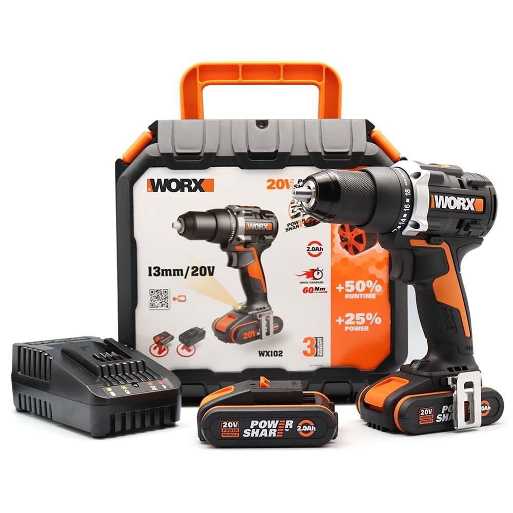 WORX WX102 Çift Akülü Kömürsüz Profesyonel Şarjlı Matkap 20Volt/2.0Ah Li-ion