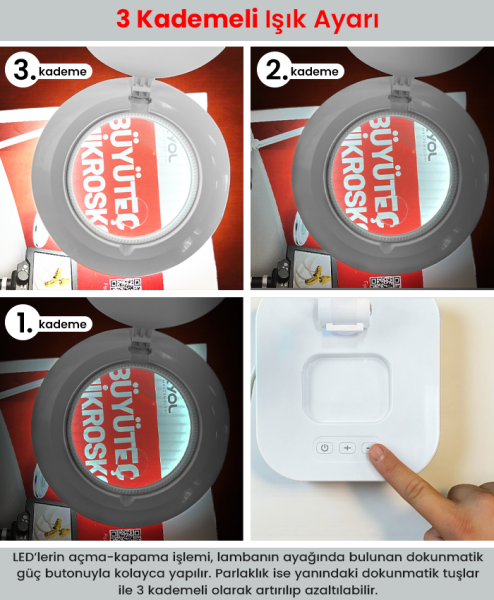 Flexi LED Aydınlatmalı Masaüstü Büyüteç – Kademeli Işık Ayarlı, Ergonomik Tasarım