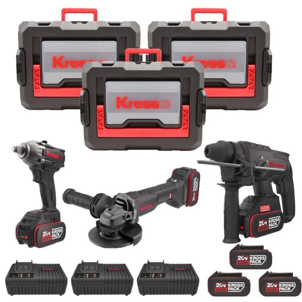 Kress 6'lı Akülü Profesyonel Kombo Set | 20V/4Ah | KUB30.2 + KU390.4 + KUH10.2