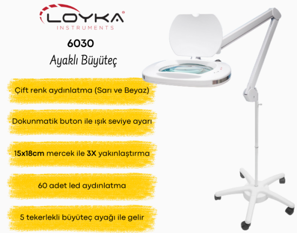 Loyka 6030 Ayaklı Büyüteç – Sarı & Beyaz Işıklı Geniş Mercekli LED Masaüstü Büyüteç