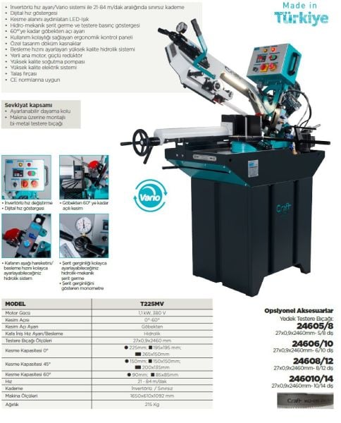 Ozco T225MV Şerit Testere 1,1 KW /380V