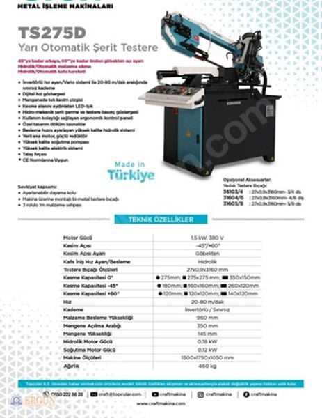 Ozco TS275D  Açılı Kesim Yarı Otomatik Şerit Testere 1,5 kW /380 V