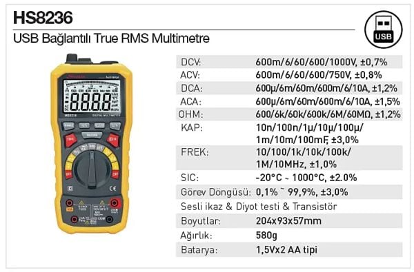 Mastech HS8236 USB Bağlantılı Multimetre True RMS
