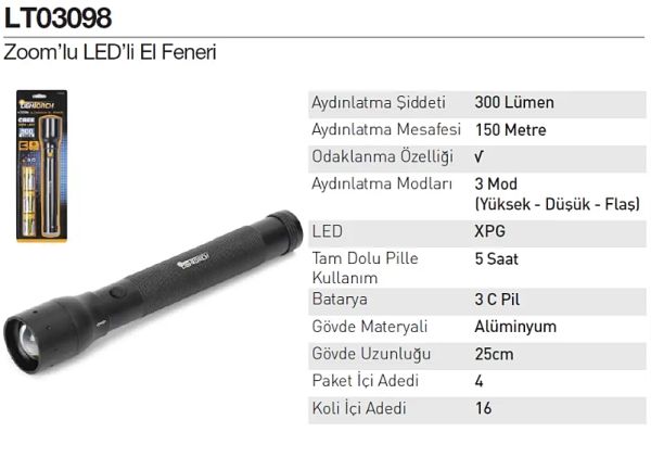 Lightorch LT03098 Zoomlı Led El Feneri 300 Lm