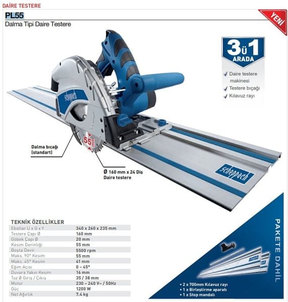 Scheppach PL55 Raylı Dalma Tipi Daire Testere