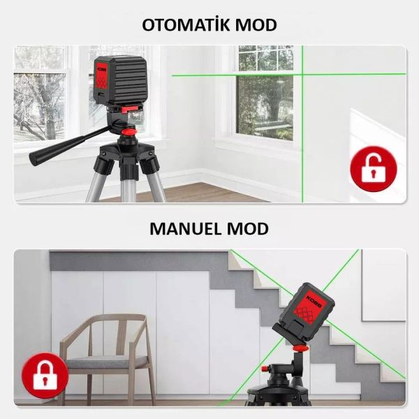 KOBB KBL90GTP Yatay ve Dikey Otomatik Hizalamalı Yeşil Çapraz Çizgi Lazer Distomat 30 mt + Tripod