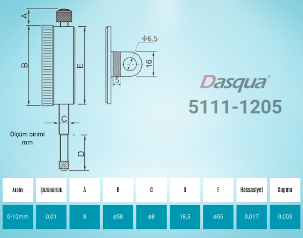 Dasqua 5111-1205 Kulaklı Analog Komparatör Saati 0-10 mm