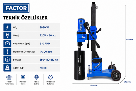 Factor FCCD300A 3980W Açılı Karot Makinası | Profesyonel Beton Karot Delme Makinesi