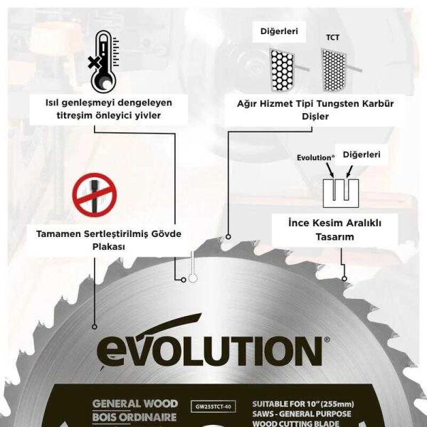 Evolution GW355TCT-60 355 mm Ahşap Daire Testere Bıçağı – 60 Diş TCT Profesyonel Kesim Diski