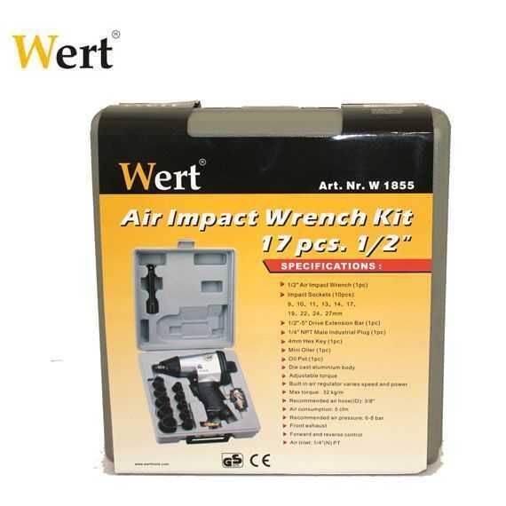 WERT 1855 1/2'' Profesyonel Havalı Somun Sıkma Tabancası Seti – 17 Parça
