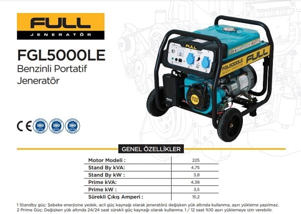 Full FGL5000LE Benzinli Jeneratör 4,75 kVA İpli Monofaze