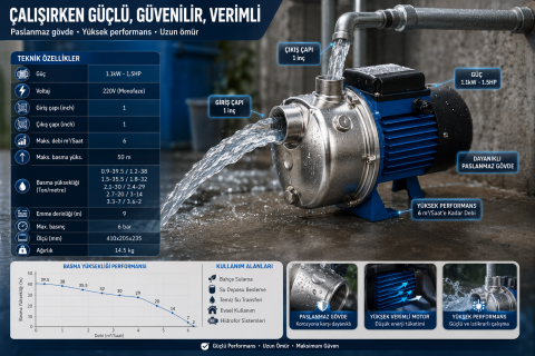 Factor JET1100G2 1.5 HP Paslanmaz Çelik Jet Pompa 1.1 kW | 50 m Basma Yüksekliği 220V