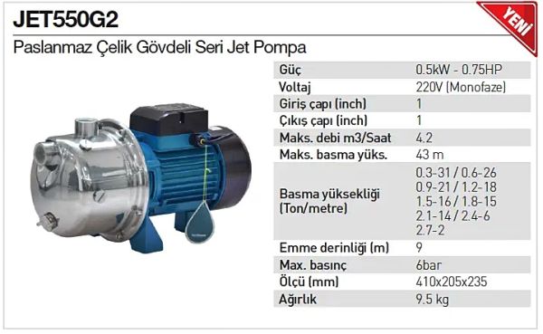 Rain Pump JET550G2 Paslanmaz Çelik Gövdeli Seri Jet Pompa -0.5kW - 0.75HP