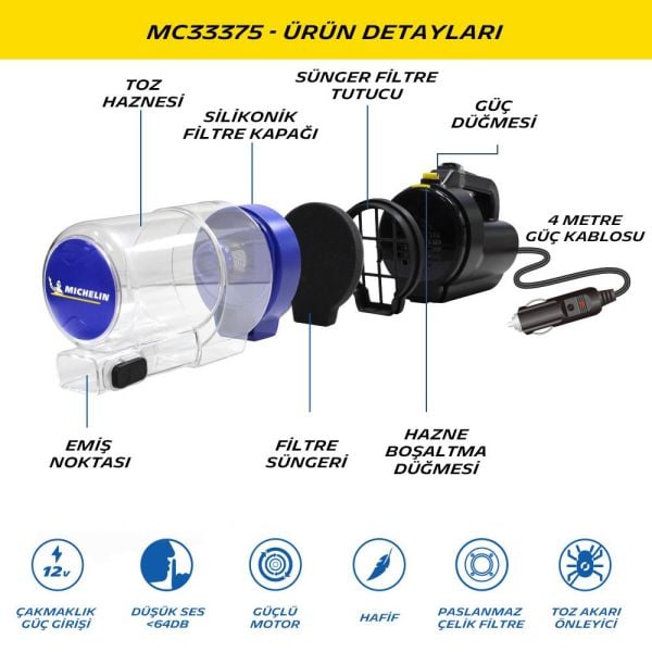 Michelin MC33375  Araç Süpürgesi 12Volt/150Watt+ 4 Parça Aksesuar Seti