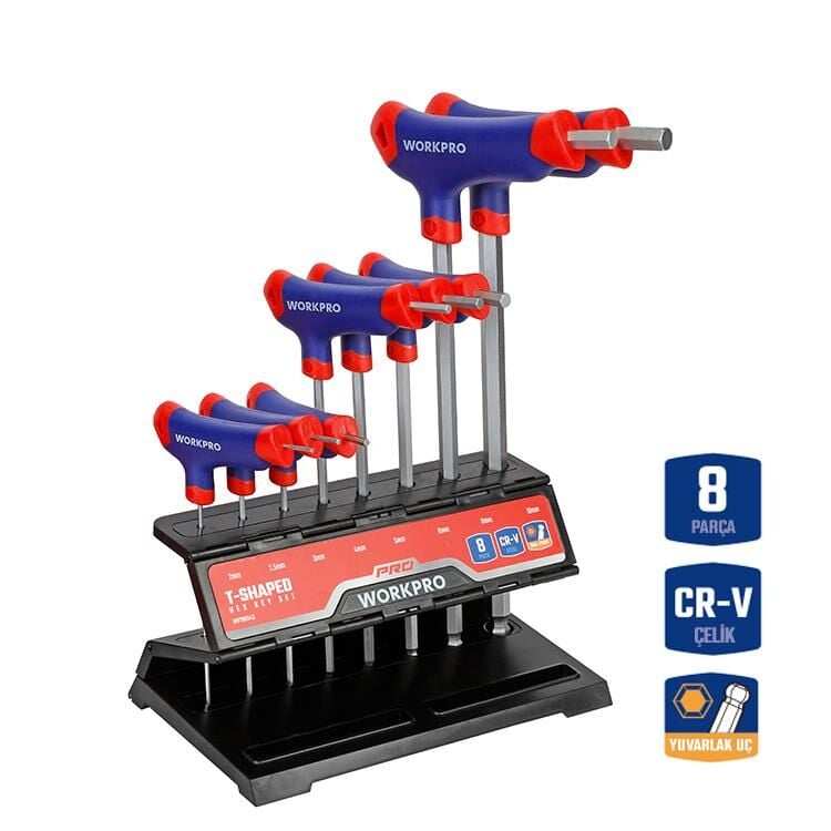 WORKPRO WP200542 T Tipi Uzun Allen Anahtar Seti 8 Parça | CR-V Top Başlı Profesyonel Alyan Takımı