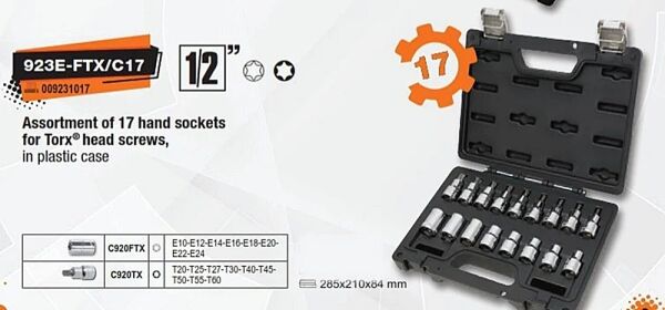 Beta Easy 923E-FTX/C17 Dişi ve Erkek Torx Lokma Takımı 17 Parça - 1/2''
