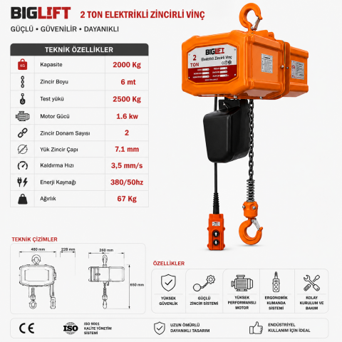 Biglift BIGVINC-2 Elektrikli Zincirli Vinç 2000 kg 6 m | Profesyonel Endüstriyel Zincirli Vinç