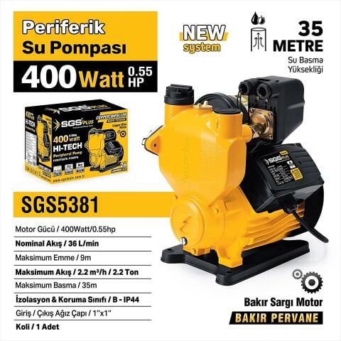 SGS SGS5381 Periferik Su Pompası 0.55 HP 400 Watt Bahçe Ve Ev Tipi Su Motoru