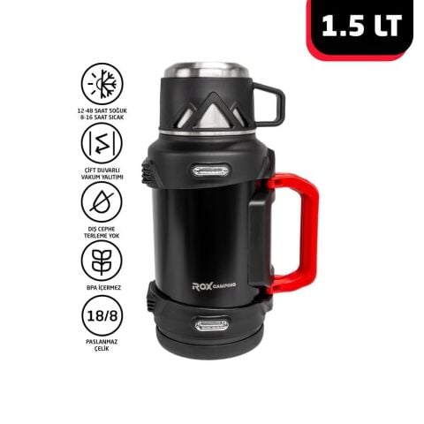 ROX Camping 1.5 Litre Paslanmaz Çelik Termos – Isı Dayanımlı, Sıcak & Soğuk İçecek Koruyucu Outdoor Termos