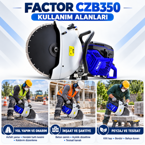Factor CZB350 4.6 HP 350 mm El Tipi Benzinli Beton ve Asfalt Kesme Makinesi