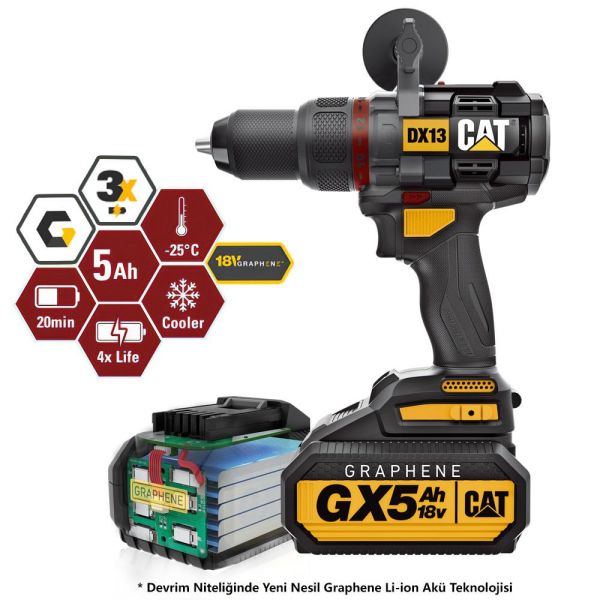 CAT DX13 Şarjlı Darbeli Matkap 18Volt/5.0Ah GRAPHENE Li-ion Kömürsüz Profesyonel
