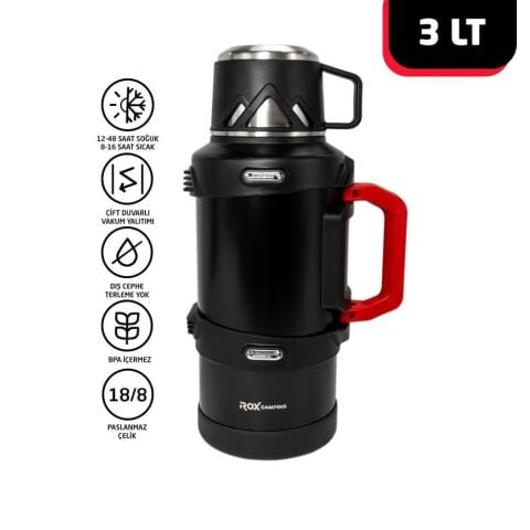 ROX Camping 3 Litre Paslanmaz Çelik Termos - Profesyonel Çift Katmanlı Vakumlu Isı Koruma