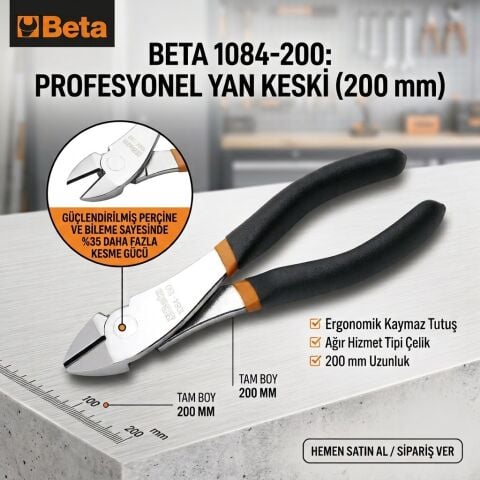 Beta 1084 Yan Keski 200 mm – Ağır Hizmet Tipi, Krom Kaplı Kesici Pense