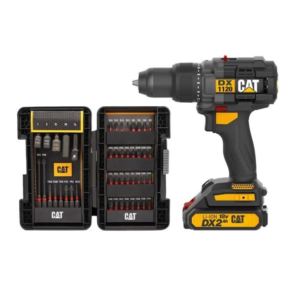 CAT DX1120 18V 2.0Ah Çift Akülü Kömürsüz Darbeli Matkap + 45 Parça Vidalama Uç Seti Profesyonel Şarjlı Matkap