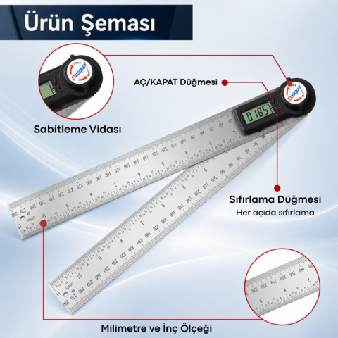 Dasqua 1022-4300 Profesyonel Dijital Açı ve Uzunluk Ölçer 30CM