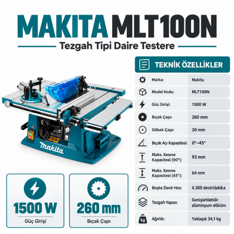 Makita MLT100N Tezgahlı Daire Testere 1500W 260mm - Profesyonel Yatar Daire Testere