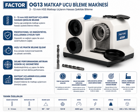 Factor FCOG13 13 mm Matkap Ucu Bileme Makinesi | Profesyonel HSS Matkap Ucu Bileyici