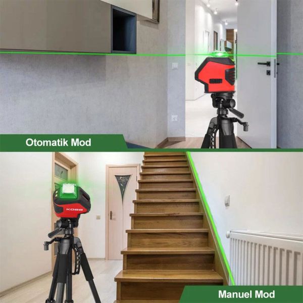 KOBB Yatay 360° ve Dikey Otomatik Hizalamalı Nokta Şakül ve Yeşil Çapraz Çizgi Lazer Distomat 25 Mt + Tripod