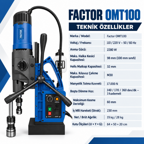 Factor OMT100 100 mm Profesyonel Manyetik Matkap