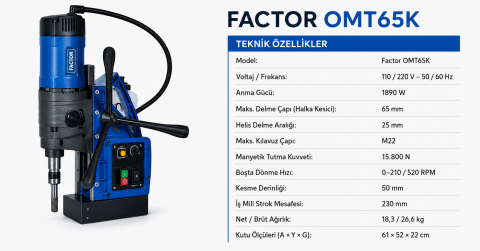 Factor OMT65K Kılavuz Çekme Özellikli Profesyonel Manyetik Matkap 65 mm