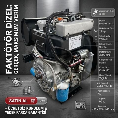 Factor FCMD295FT Marşlı Dizel Motor 22 Hp Konik Çapa Tip
