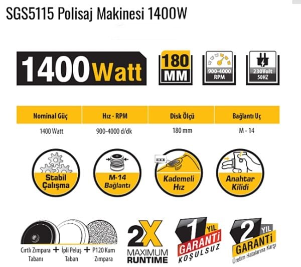 SGS SGS5115 Kademeli Polisaj Makinası 1400 Watt / 180 mm