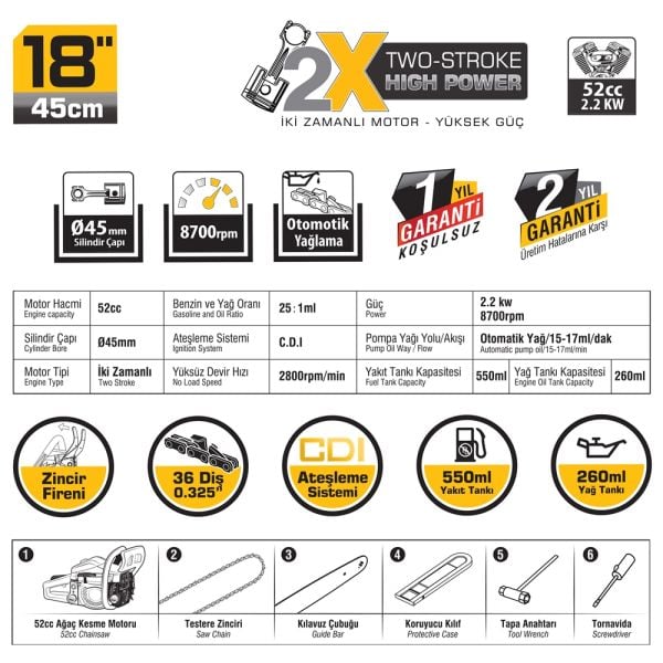 SGS SGS5354  Benzinli Ağaç Kesme Motoru 45  Pala / 2,2 Kw
