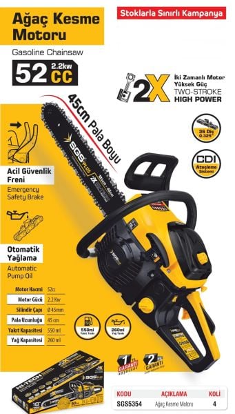 SGS SGS5354  Benzinli Ağaç Kesme Motoru 45  Pala / 2,2 Kw