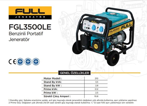 Full FGL3500LE Benzinli Jeneratör 3,5 kVA İpli/Marşlı Monofaze