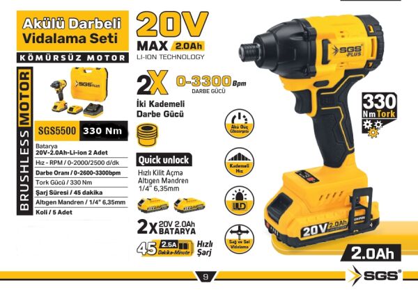 SGS SGS5500 20 V Akülü Darbeli Vidalama Seti – Kömürsüz Motor 330 Nm Tork-2×2.0 Ah