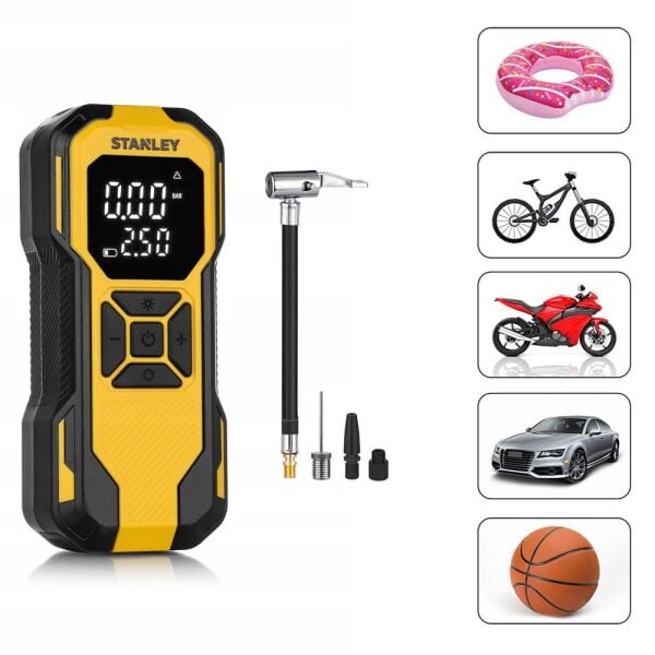 STANLEY SXIF0101 12V / Şarjlı Li-ion Dijital Göstergeli Akıllı Lastik Şişirme Pompası 150 PSI+Powerbank+SOS+Led Lamba
