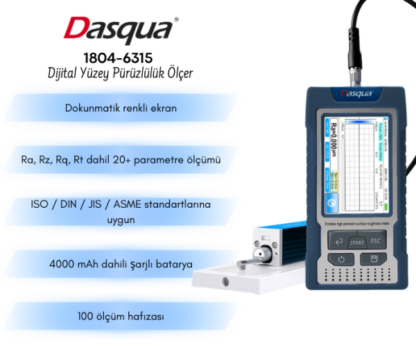 Dasqua 1804-6315 Dijital Yüzey Pürüzlülük Ölçer Dokunmatik Ekran | Ra Rz Rq Yüzey Analizi