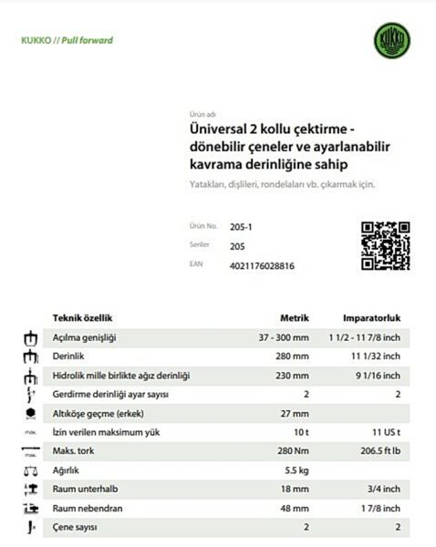 Kukko 205-1 İki Ayaklı Çektirme 300 -280 mm