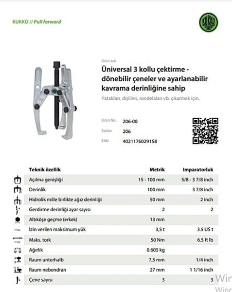 Kukko 206-00 Üç Ayaklı Çektirme 100 mm