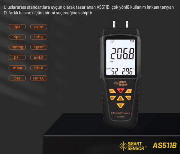 Smart Sensor AS511B Dijital Fark Basınç Manometresi 29.9 PSI | Diferansiyel Basınç Ölçümü