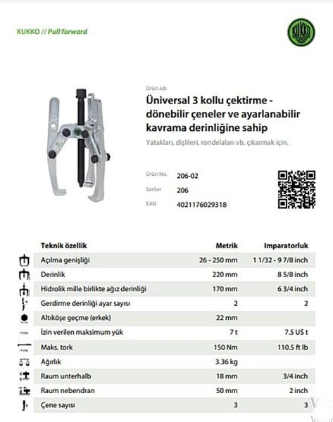 Kukko 206-02 Üç Ayaklı Çektirme 250 / 220 mm