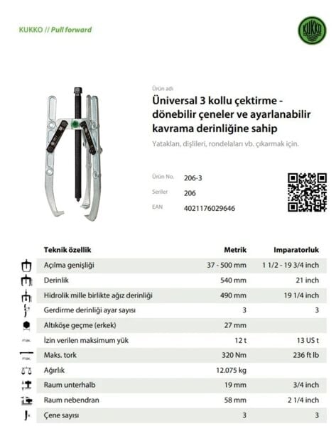 Kukko 206-3 Üç Ayaklı Çektirme 500-540 mm